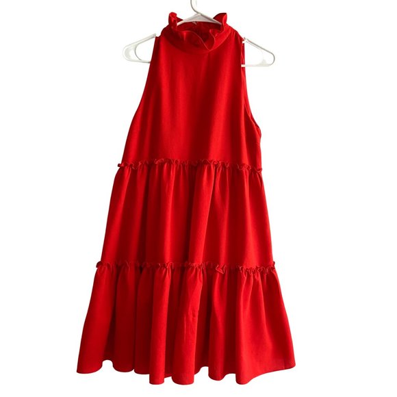 Anthropologie Elliatt Sonnet Red Ruffled Trapeze Ruffle Swing Dress Mock Neck, S - Picture 3 of 11